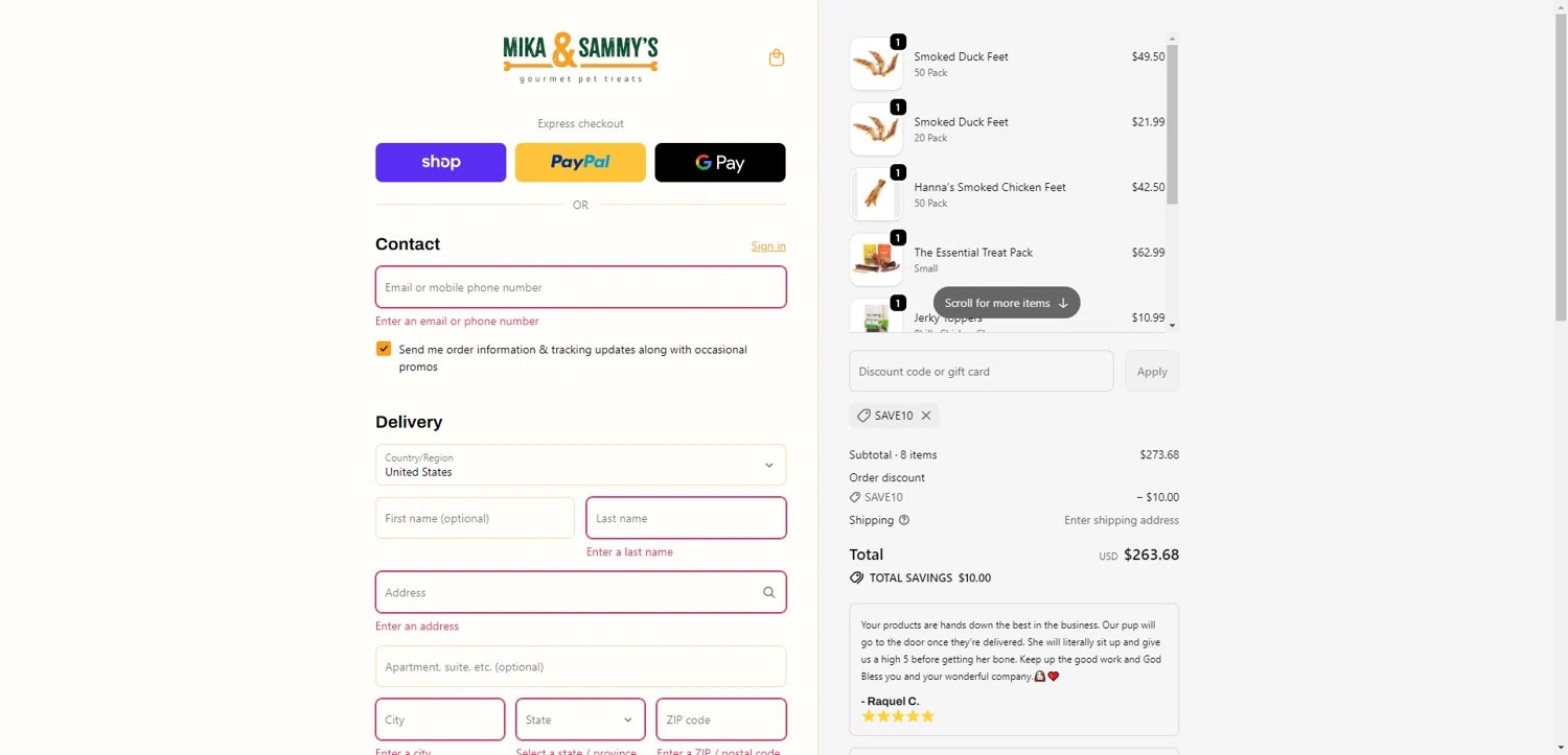 Mika and Sammy’s discount code screenshot showing code SAVE10 applied at Mika and Sammy’s checkout page. Uploaded by SimplyCodes community member CleverHawk1744 on Nov 29, 2025