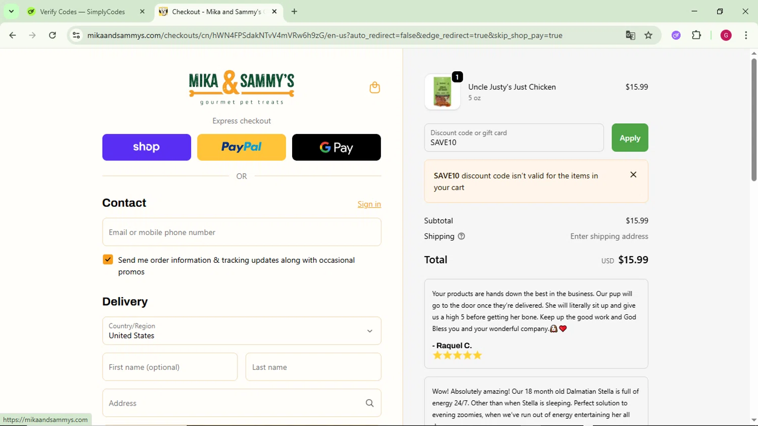 Mika and Sammy’s discount code screenshot showing code SAVE10 applied at Mika and Sammy’s checkout page. Uploaded by SimplyCodes community member CrownFinder3074 on Oct 18, 2025