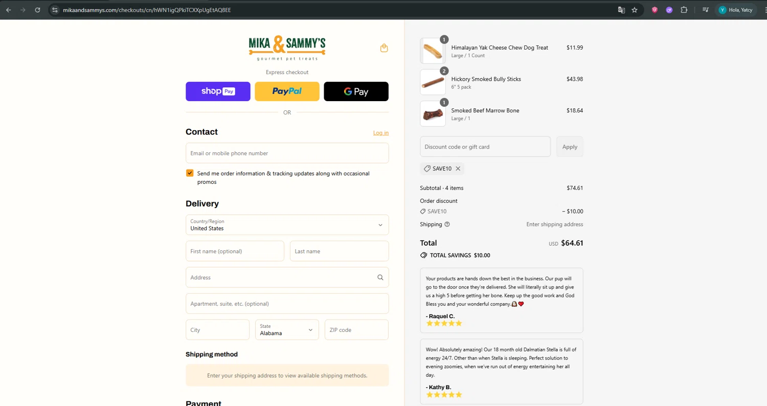 Mika and Sammy’s discount code screenshot showing code SAVE10 applied at Mika and Sammy’s checkout page. Uploaded by SimplyCodes community member ValueTiger695 on Aug 12, 2025