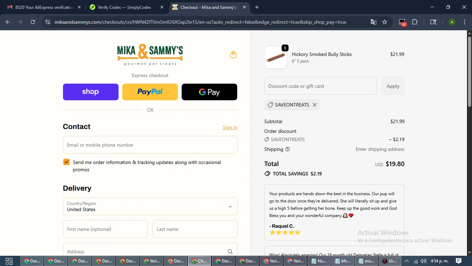 Mika and Sammy’s discount code screenshot showing code SAVEONTREATS applied at Mika and Sammy’s checkout page. Uploaded by SimplyCodes community member CashLynx5338 on Oct 26, 2025
