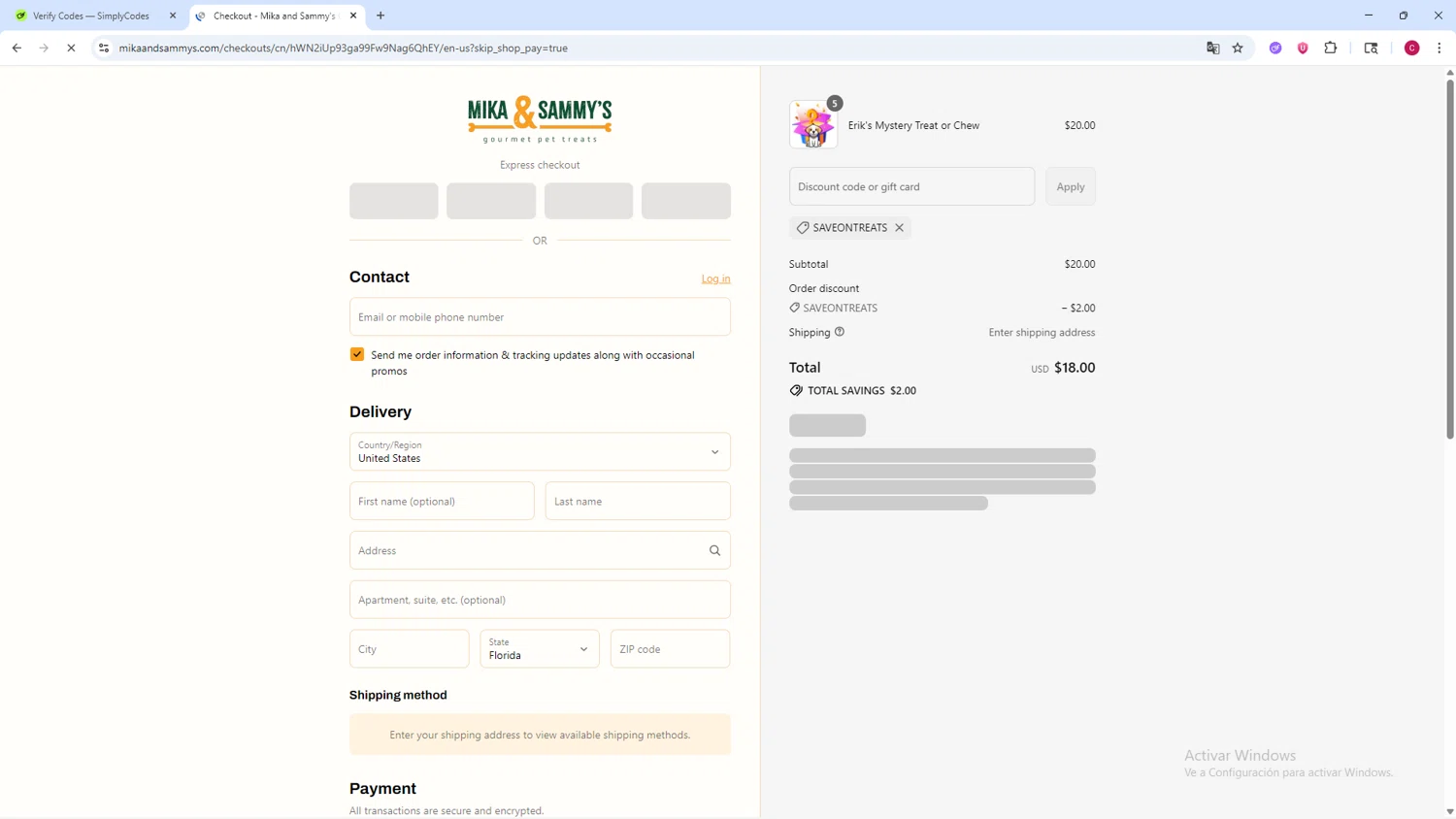 Mika and Sammy’s discount code screenshot showing code SAVEONTREATS applied at Mika and Sammy’s checkout page. Uploaded by SimplyCodes community member TOROREX250 on Sep 7, 2025