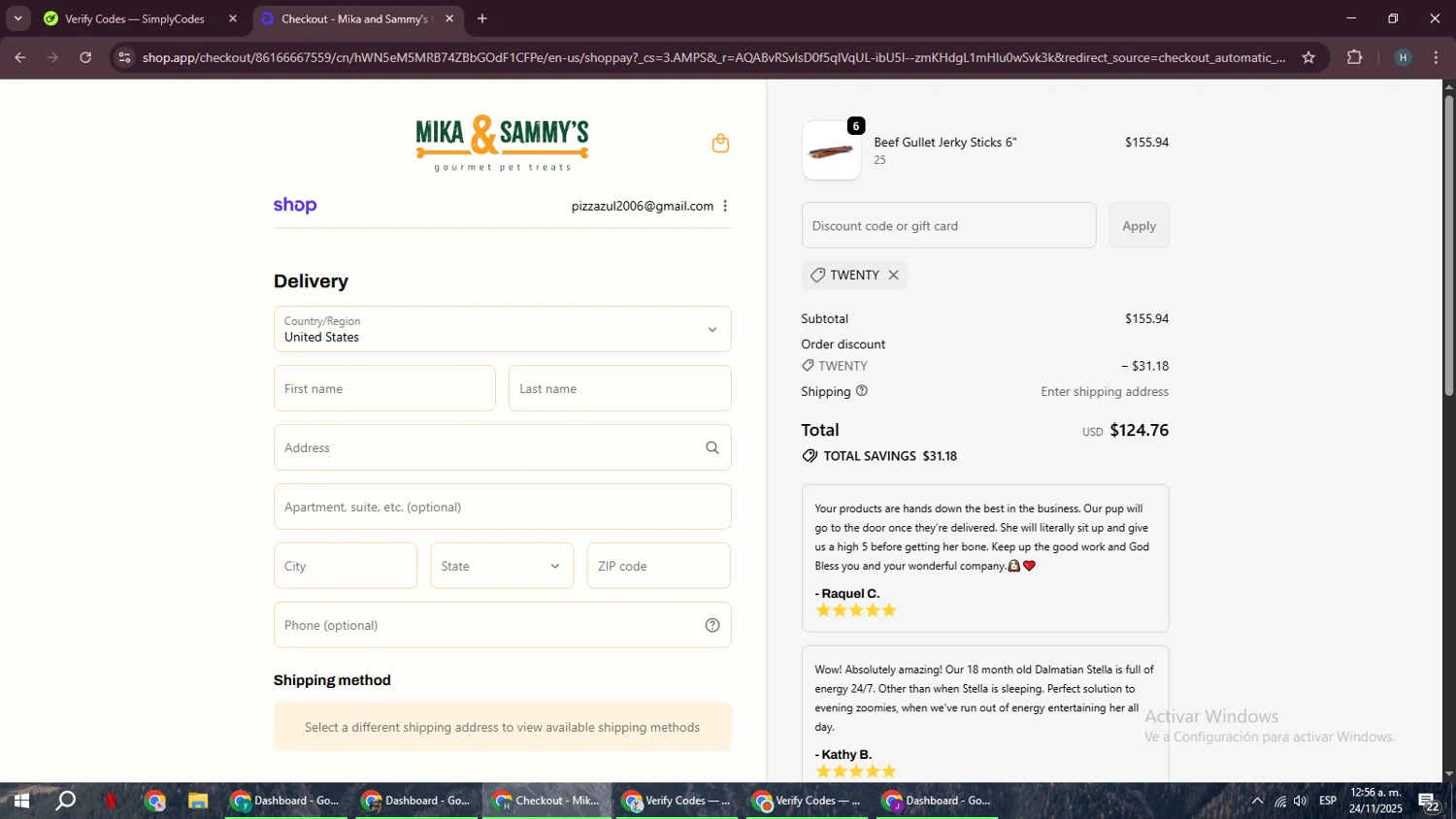 Mika and Sammy’s discount code screenshot showing code TWENTY applied at Mika and Sammy’s checkout page. Uploaded by SimplyCodes community member YAMAHA on Nov 24, 2025