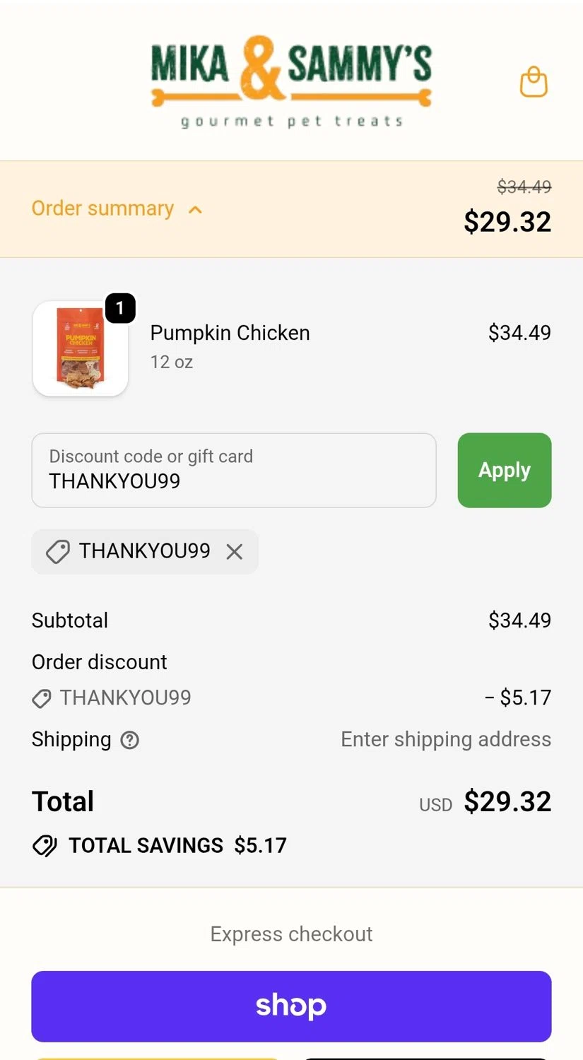 Mika and Sammy’s discount code screenshot showing code THANKYOU99 applied at Mika and Sammy’s checkout page. Uploaded by SimplyCodes community member JuanMonge on Nov 8, 2025