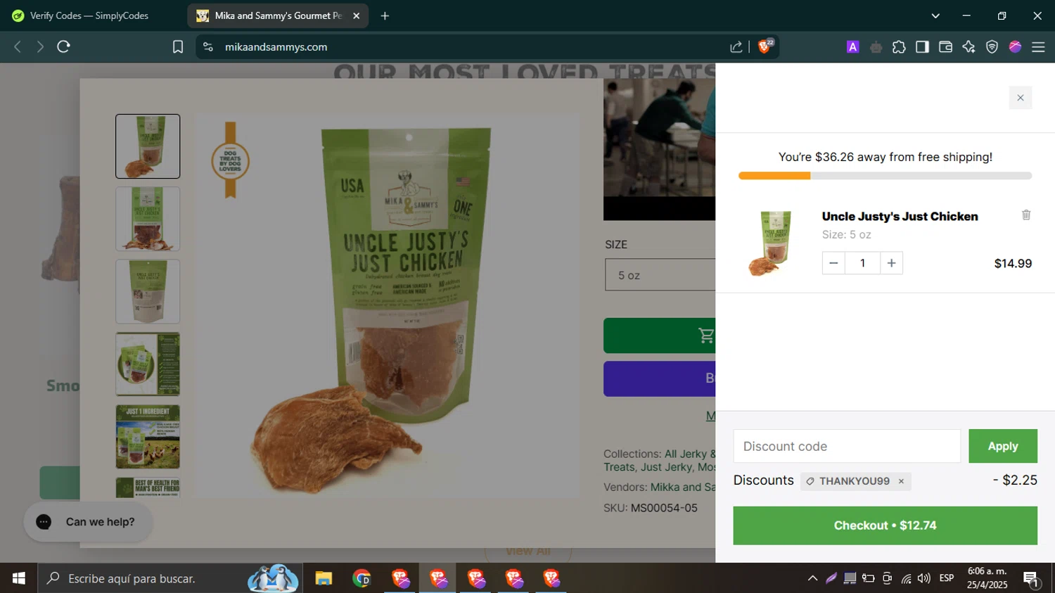 Mika and Sammy’s discount code screenshot showing code THANKYOU99 applied at Mika and Sammy’s checkout page. Uploaded by SimplyCodes community member SwiftTracker9305 on Apr 25, 2025
