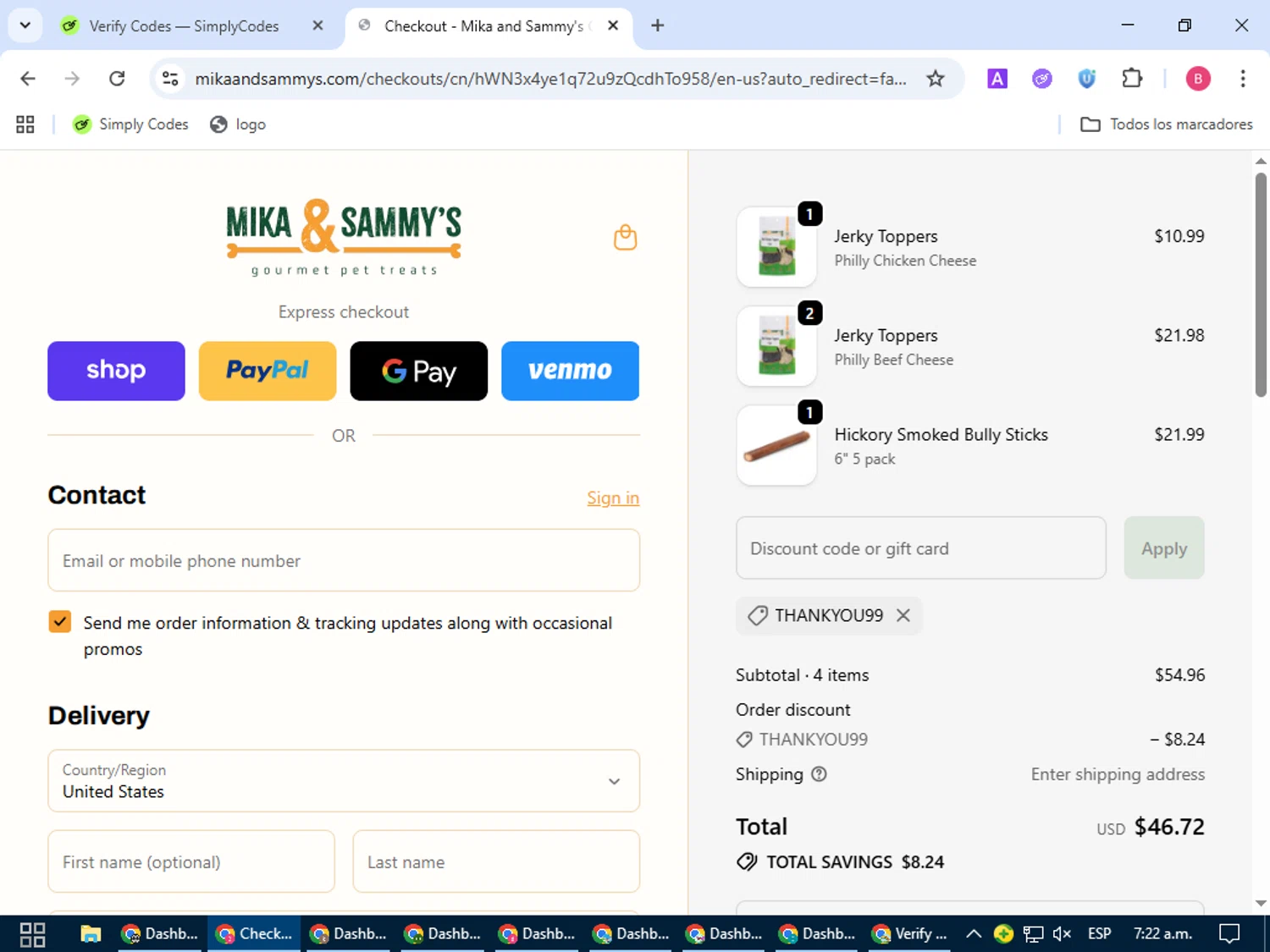Mika and Sammy’s discount code screenshot showing code THANKYOU99 applied at Mika and Sammy’s checkout page. Uploaded by SimplyCodes community member bombontropical on Oct 10, 2025