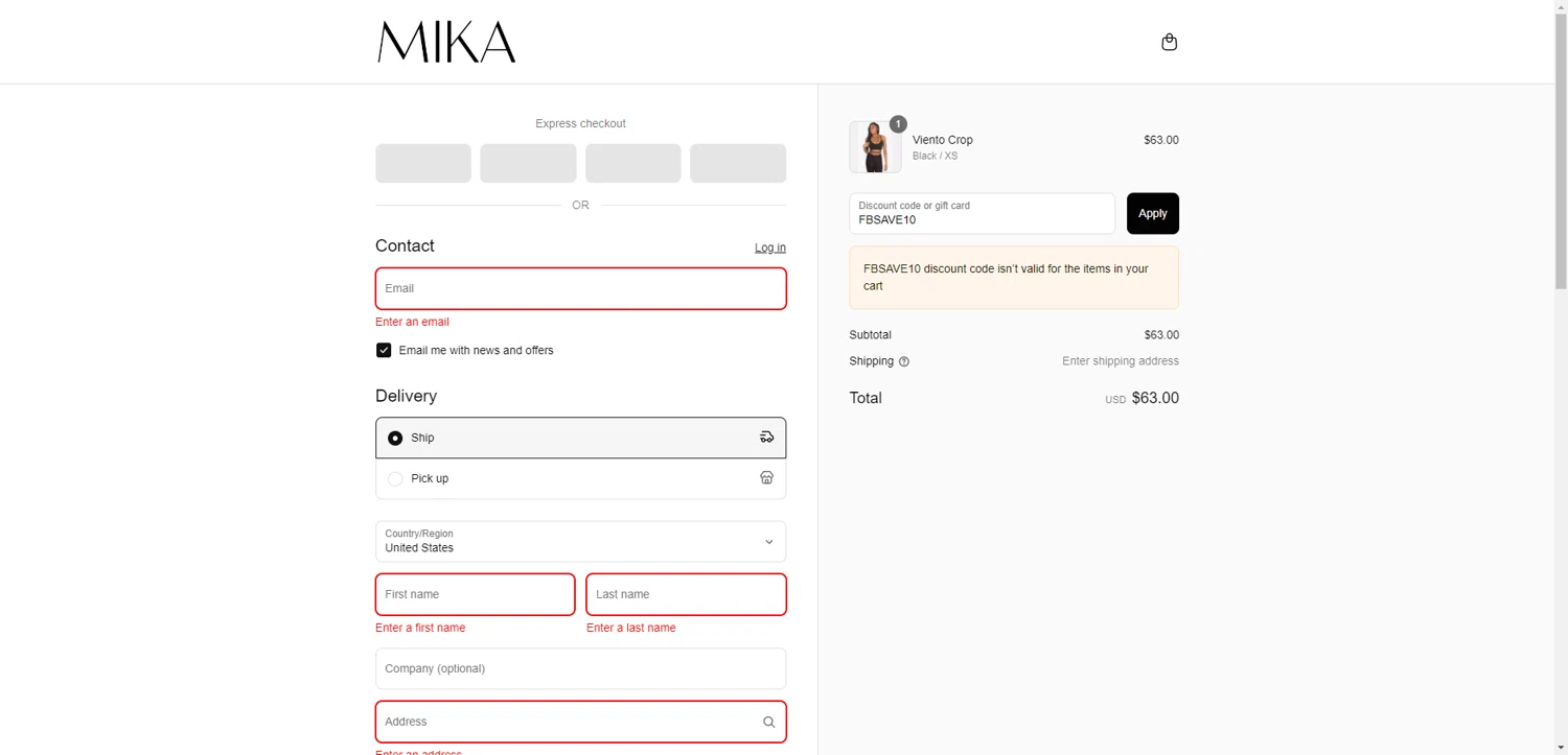 Mika Yoga Wear discount code screenshot showing code FBSAVE10 applied at Mika Yoga Wear checkout page. Uploaded by SimplyCodes community member CodeGuardian5312 on Aug 4, 2025