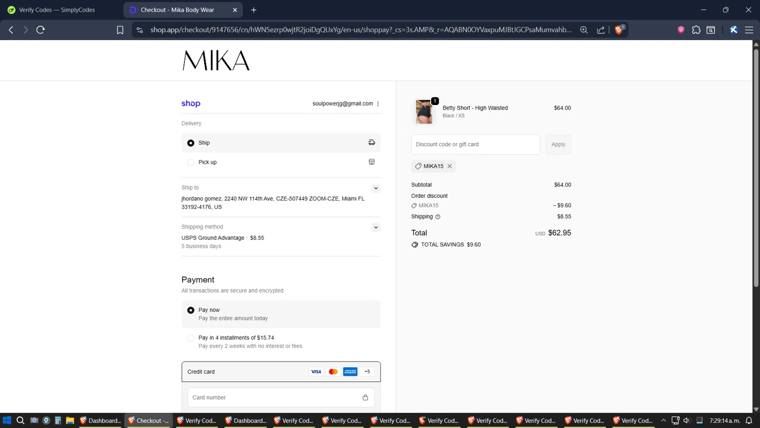 Mika Yoga Wear discount code screenshot showing code Mika15 applied at Mika Yoga Wear checkout page. Uploaded by SimplyCodes community member verifier_983798000 on Nov 24, 2025