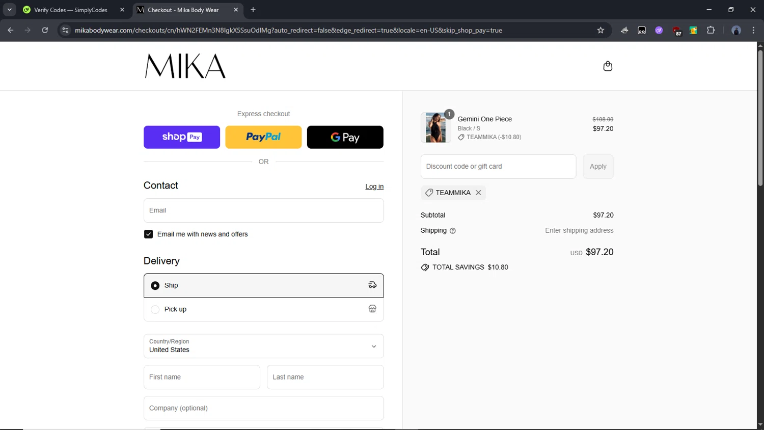 Mika Yoga Wear discount code screenshot showing code TEAMMIKA applied at Mika Yoga Wear checkout page. Uploaded by SimplyCodes community member Time_sin_filtro on Aug 26, 2025