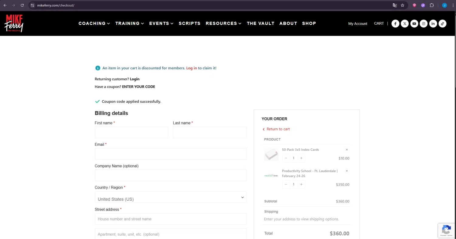 The Mike Ferry Organization promo code screenshot showing code PRESIDENT applied at The Mike Ferry Organization checkout page. Uploaded by SimplyCodes community member LuckyDefender4135 on Feb 15, 2026