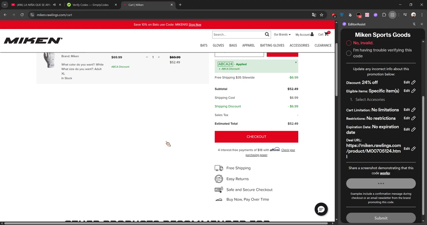 Miken Sports Goods promo code screenshot showing code ABCA24 applied at Miken Sports Goods checkout page. Uploaded by SimplyCodes community member Cbombis on Jul 11, 2025