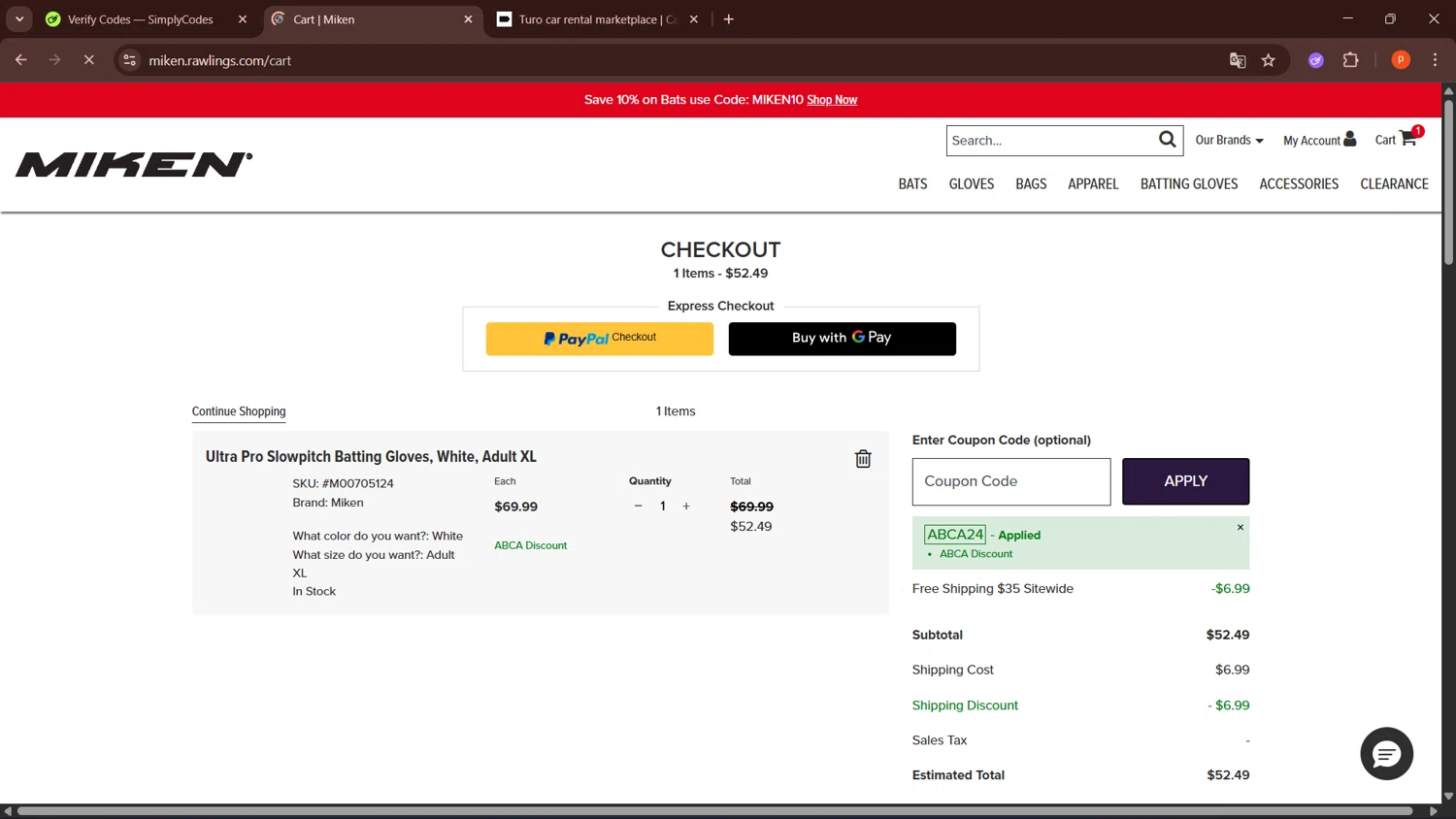Miken Sports Goods promo code screenshot showing code ABCA24 applied at Miken Sports Goods checkout page. Uploaded by SimplyCodes community member LegendaryPro3698 on Oct 7, 2025
