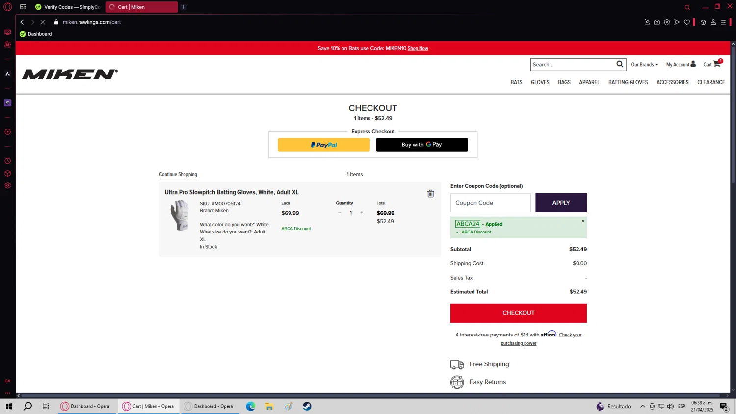 Miken Sports Goods promo code screenshot showing code ABCA24 applied at Miken Sports Goods checkout page. Uploaded by SimplyCodes community member WalkerAllen on Apr 21, 2025
