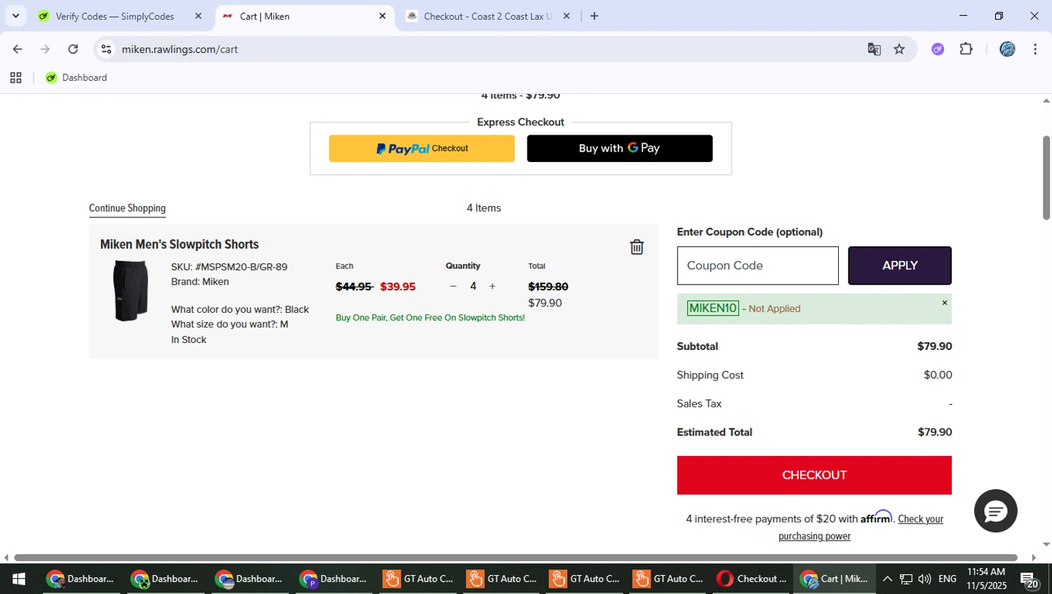 Miken Sports Goods promo code screenshot showing code MIKEN10 applied at Miken Sports Goods checkout page. Uploaded by SimplyCodes community member PokeGOAT on Nov 5, 2025