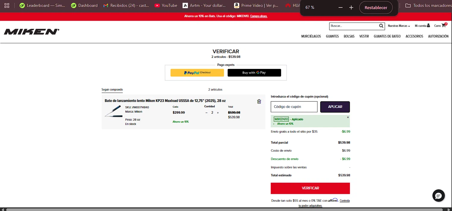 Miken Sports Goods promo code screenshot showing code MIKEN10 applied at Miken Sports Goods checkout page. Uploaded by SimplyCodes community member RebatePhoenix6042 on Sep 8, 2025
