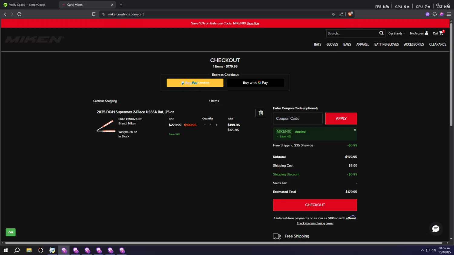 Miken Sports Goods promo code screenshot showing code MIKEN10 applied at Miken Sports Goods checkout page. Uploaded by SimplyCodes community member INSECTOS on Aug 10, 2025