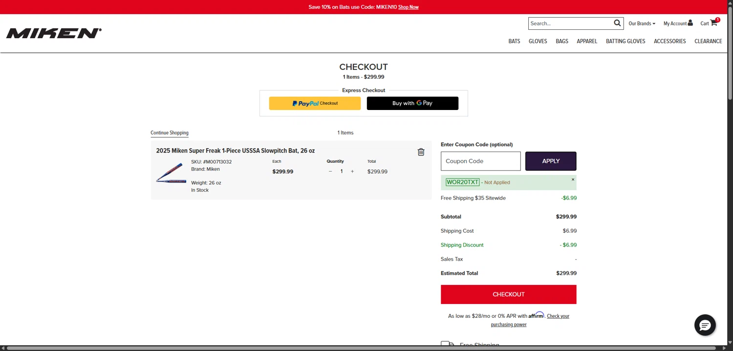 Miken Sports Goods promo code screenshot showing code WOR20TXT applied at Miken Sports Goods checkout page. Uploaded by SimplyCodes community member VictoriousBoss8742 on Jul 9, 2025