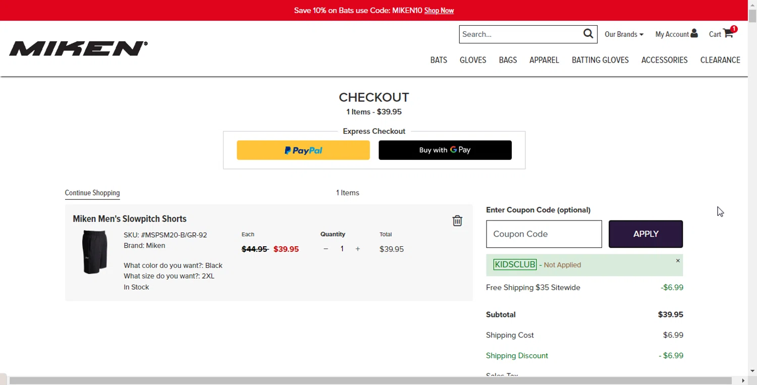 Miken Sports Goods promo code screenshot showing code KIDSCLUB applied at Miken Sports Goods checkout page. Uploaded by SimplyCodes community member Freddyviejo on Oct 10, 2025