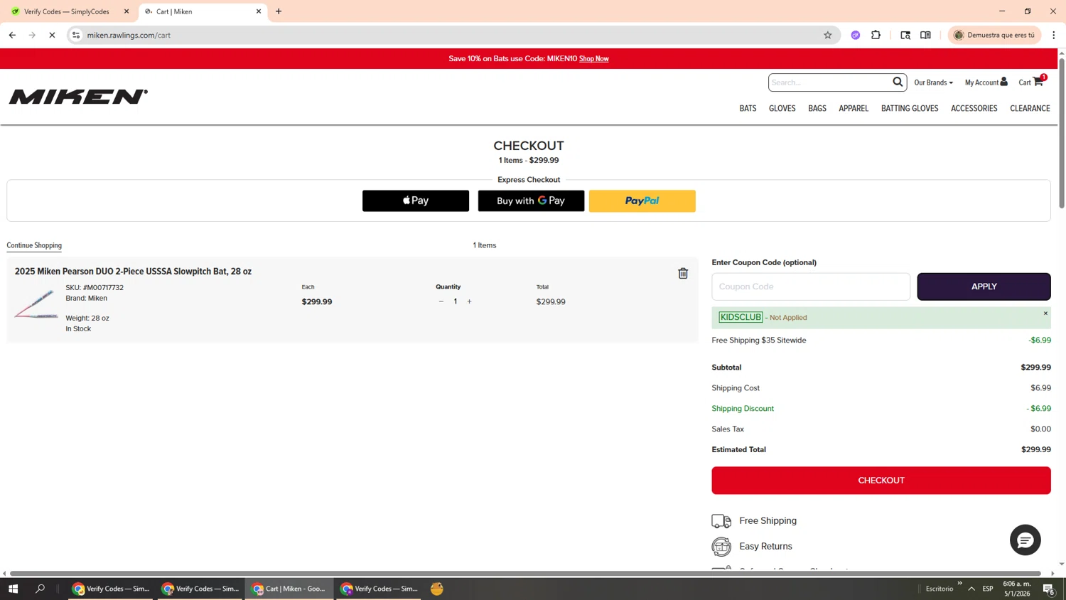 Miken Sports Goods promo code screenshot showing code KIDSCLUB applied at Miken Sports Goods checkout page. Uploaded by SimplyCodes community member Phoenix585 on Jan 5, 2026