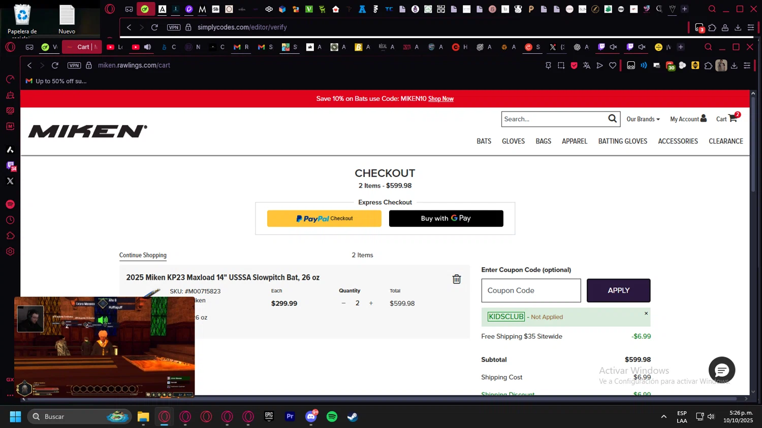 Miken Sports Goods promo code screenshot showing code KIDSCLUB applied at Miken Sports Goods checkout page. Uploaded by SimplyCodes community member kurcovein on Oct 10, 2025