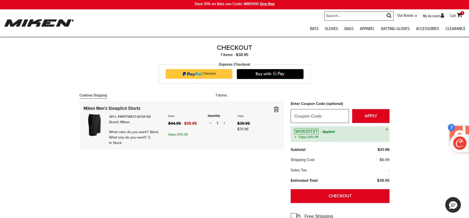 Miken Sports Goods promo code screenshot showing code WOR20TXT applied at Miken Sports Goods checkout page. Uploaded by SimplyCodes community member antonietarodriguez96 on Nov 21, 2025