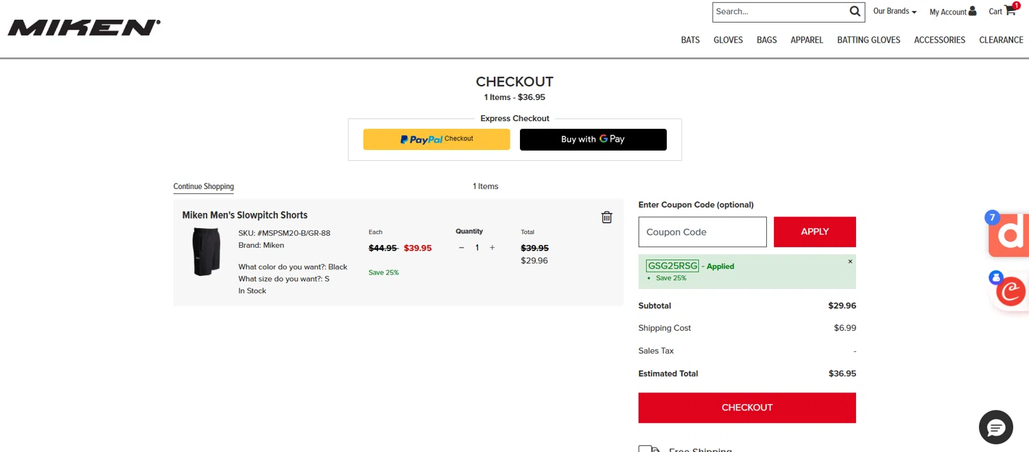 Miken Sports Goods promo code screenshot showing code GSG25RSG applied at Miken Sports Goods checkout page. Uploaded by SimplyCodes community member antonietarodriguez96 on Nov 21, 2025