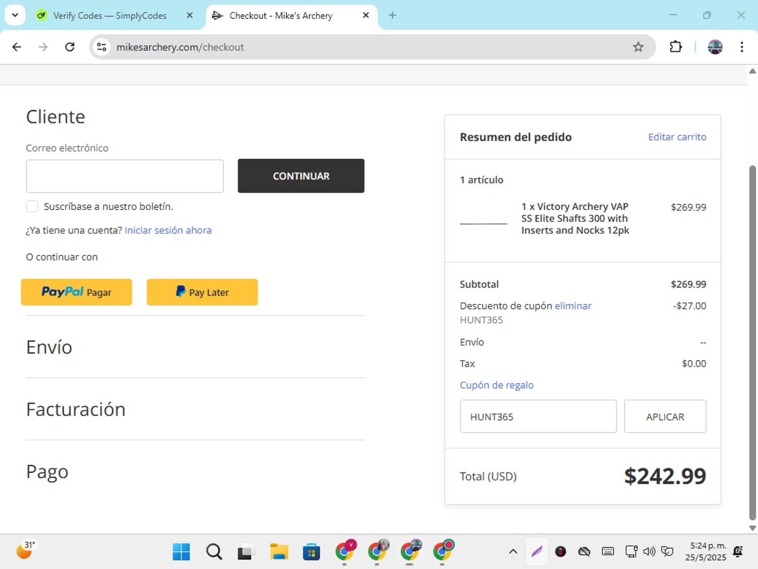 Mike's Archery coupon code screenshot showing code HUNT365 applied at Mike's Archery checkout page. Uploaded by SimplyCodes community member DiscountGenius6081 on May 25, 2025