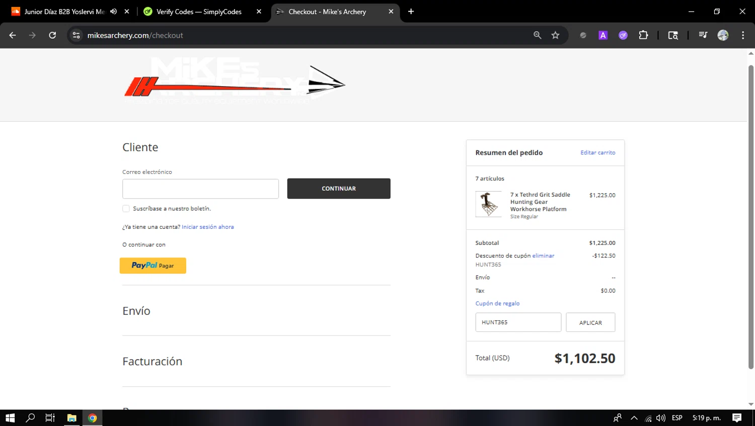 Mike's Archery coupon code screenshot showing code HUNT365 applied at Mike's Archery checkout page. Uploaded by SimplyCodes community member jesusalejandro on May 18, 2025