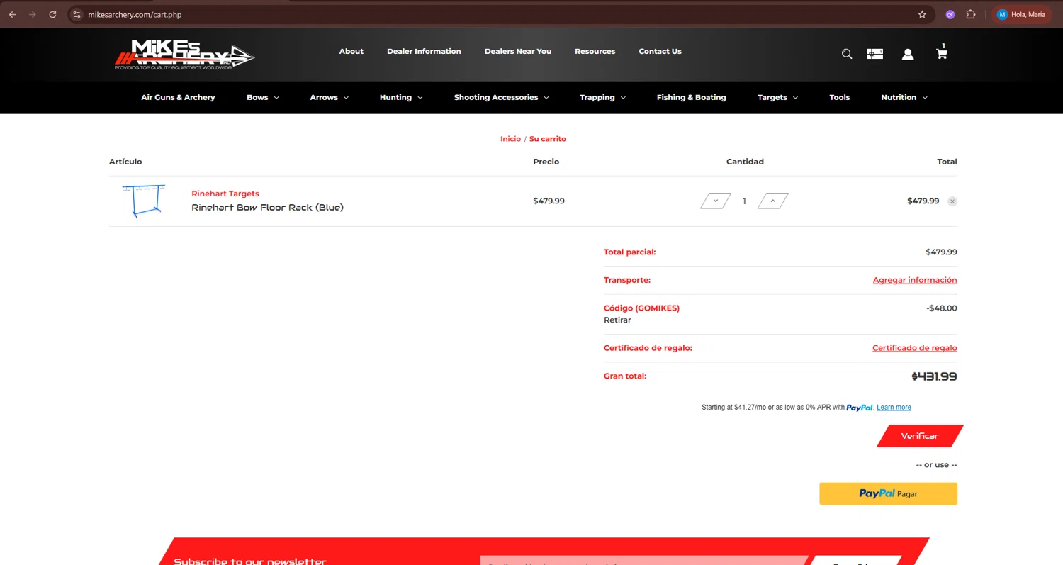 Mike's Archery checkout page showing Mike's Archery coupon code box | Screenshot taken by SimplyCodes community member on Jan 8, 2026