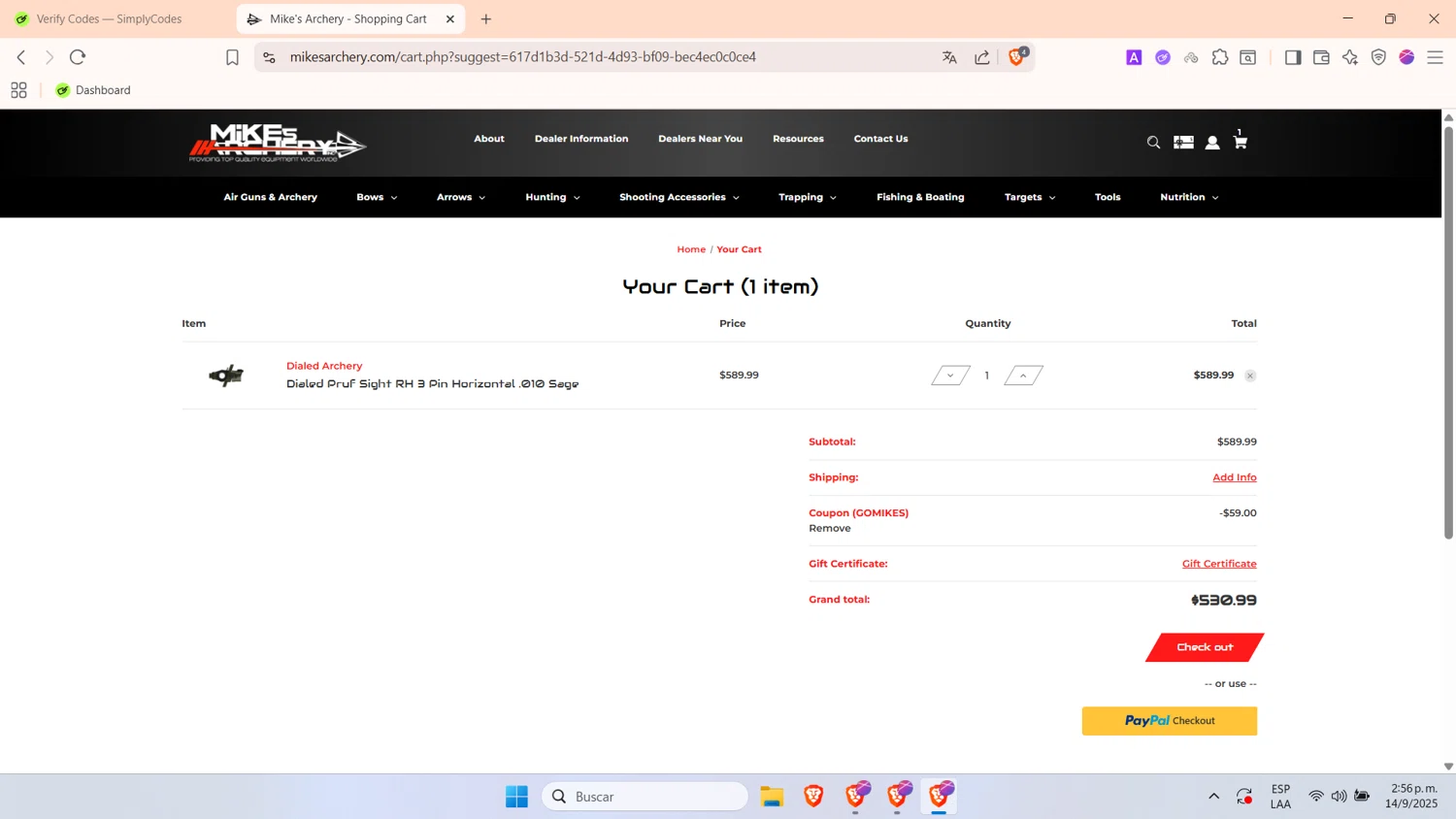 Mike's Archery coupon code screenshot showing code GOMIKES applied at Mike's Archery checkout page. Uploaded by SimplyCodes community member WonderHawk4190 on Sep 14, 2025