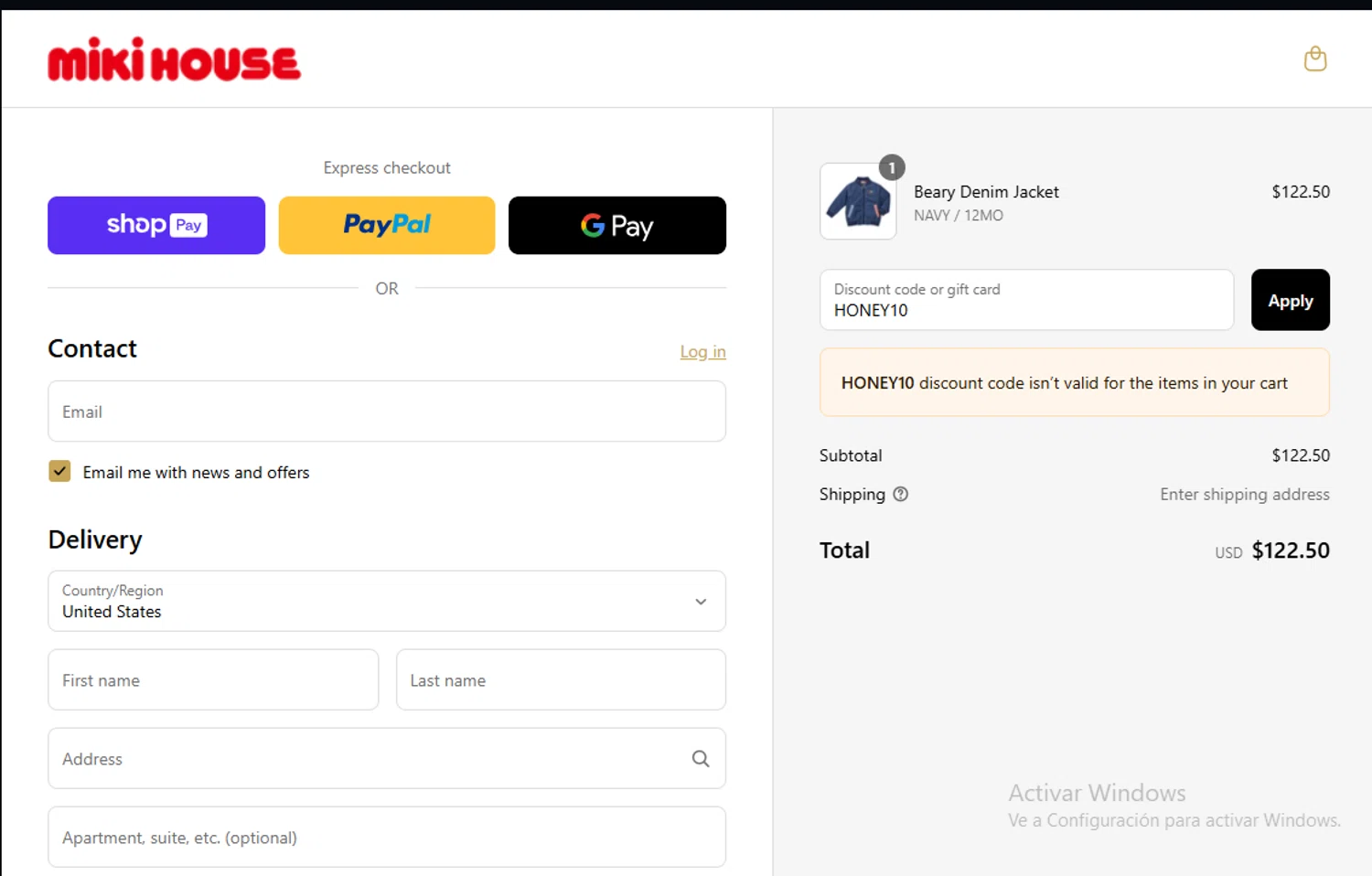 Miki House discount code screenshot showing code HONEY10 applied at Miki House checkout page. Uploaded by SimplyCodes community member Lestara_23 on May 25, 2025