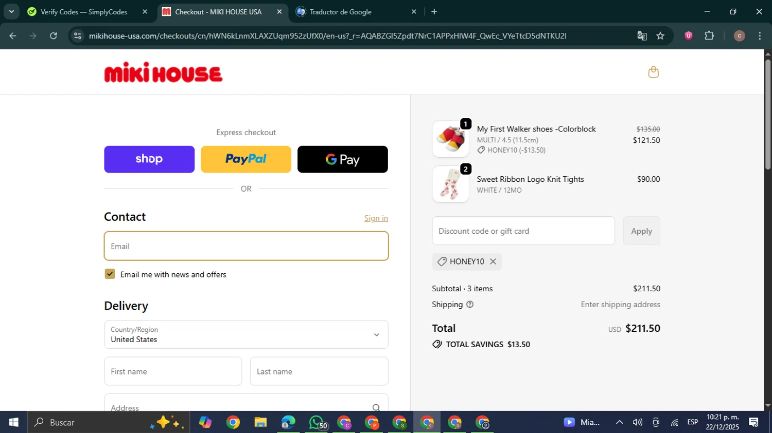 Miki House discount code screenshot showing code HONEY10 applied at Miki House checkout page. Uploaded by SimplyCodes community member NobleExpert6497 on Dec 23, 2025