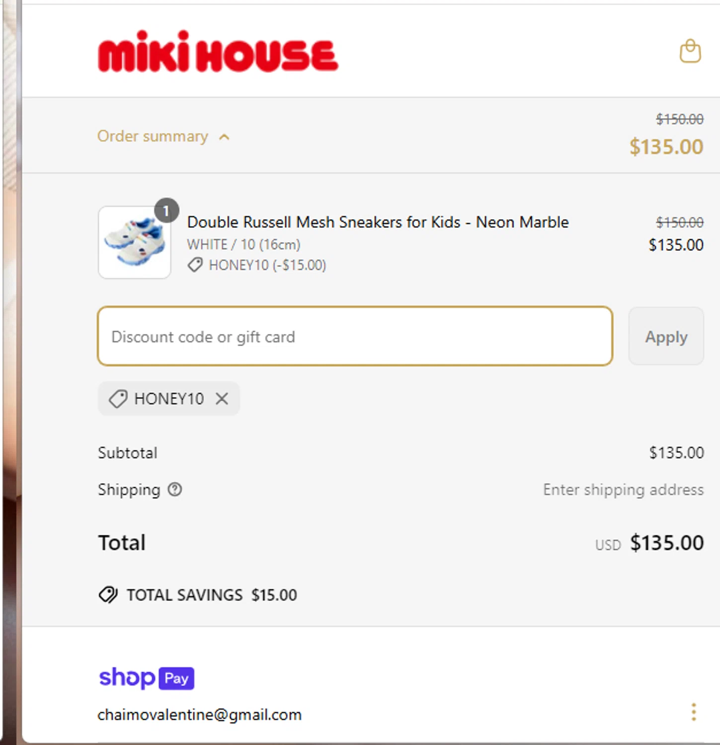Miki House discount code screenshot showing code HONEY10 applied at Miki House checkout page. Uploaded by SimplyCodes community member greenvibes_ve on Mar 25, 2025