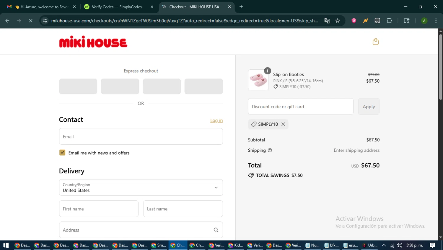 Miki House discount code screenshot showing code SIMPLY10 applied at Miki House checkout page. Uploaded by SimplyCodes community member CashLynx5338 on Aug 8, 2025