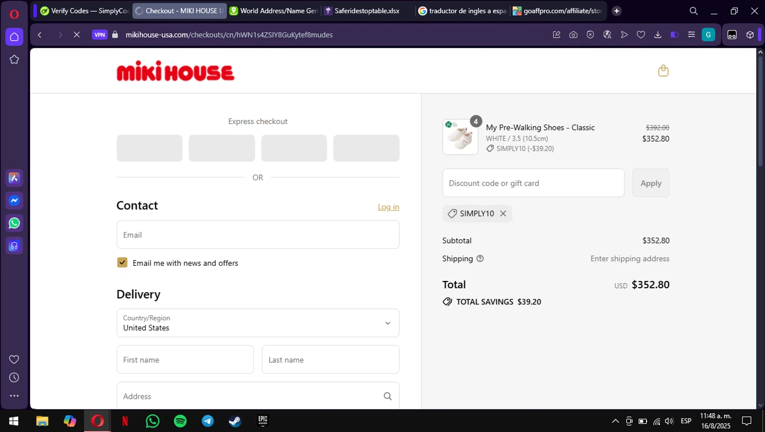 Miki House discount code screenshot showing code SIMPLY10 applied at Miki House checkout page. Uploaded by SimplyCodes community member ValiantWarden3907 on Aug 16, 2025