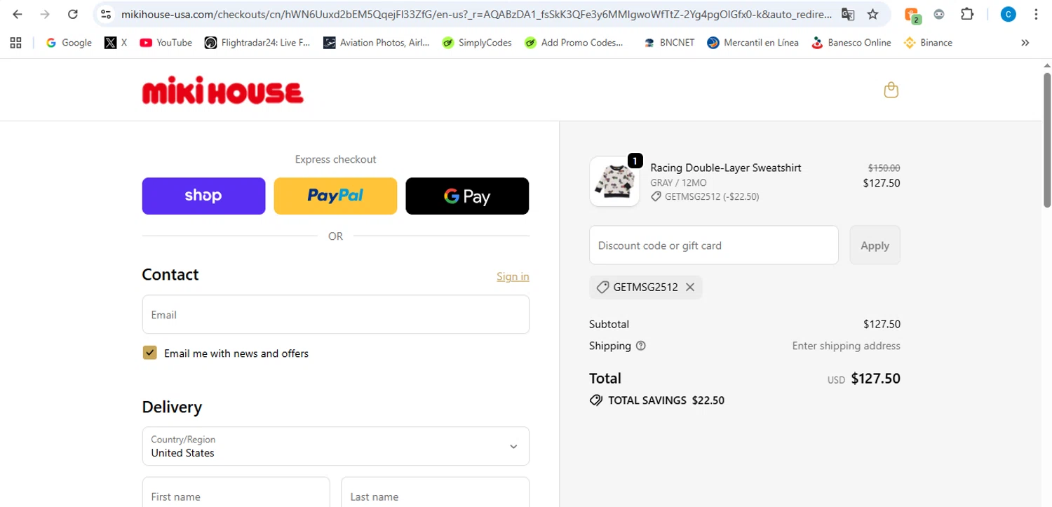 Miki House discount code screenshot showing code GETMSG2512 applied at Miki House checkout page. Uploaded by SimplyCodes community member victor on Dec 16, 2025