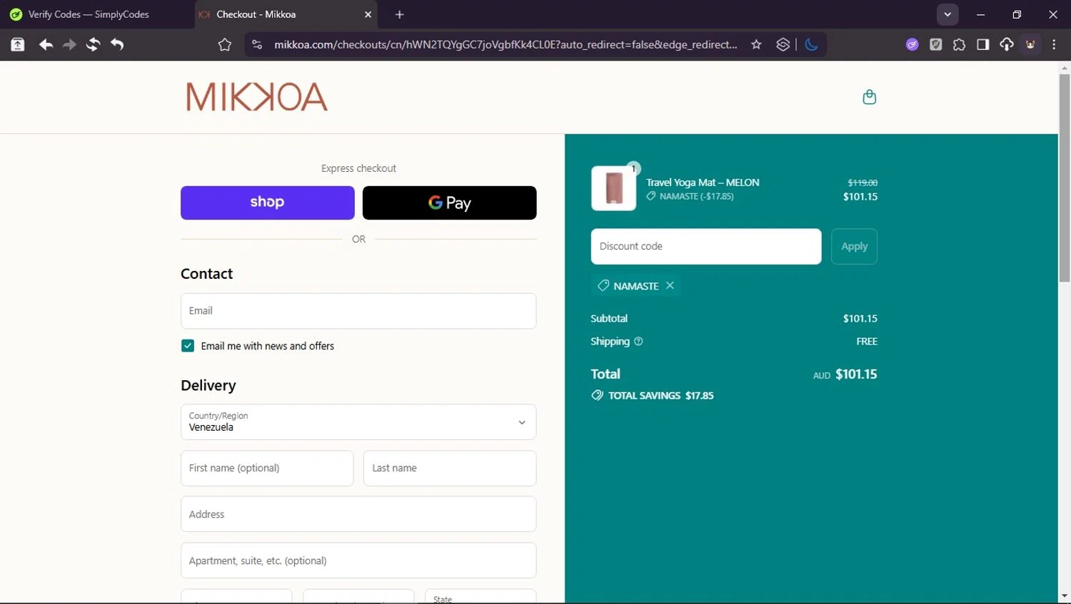 Mikkoa promo code screenshot showing code NAMASTE applied at Mikkoa checkout page. Uploaded by SimplyCodes community member Userr2 on Sep 1, 2025