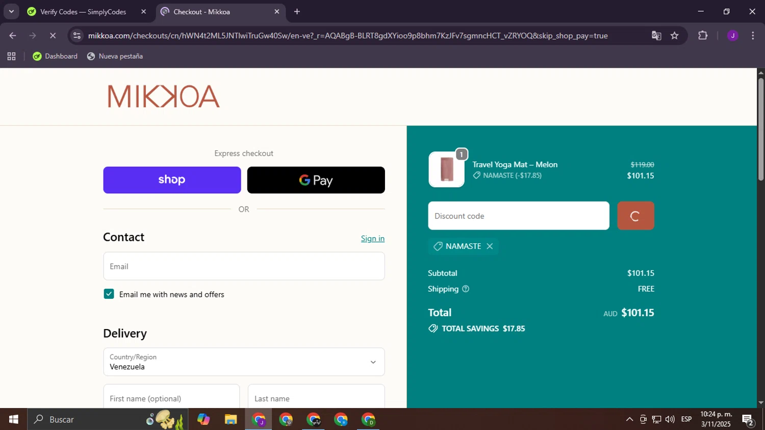Mikkoa promo code screenshot showing code NAMASTE applied at Mikkoa checkout page. Uploaded by SimplyCodes community member failful on Nov 4, 2025