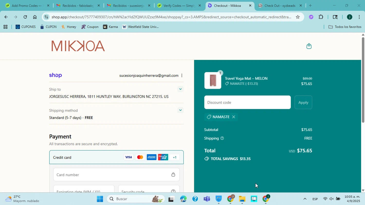 Mikkoa promo code screenshot showing code NAMASTE applied at Mikkoa checkout page. Uploaded by SimplyCodes community member jorgejavierherrera on Sep 4, 2025