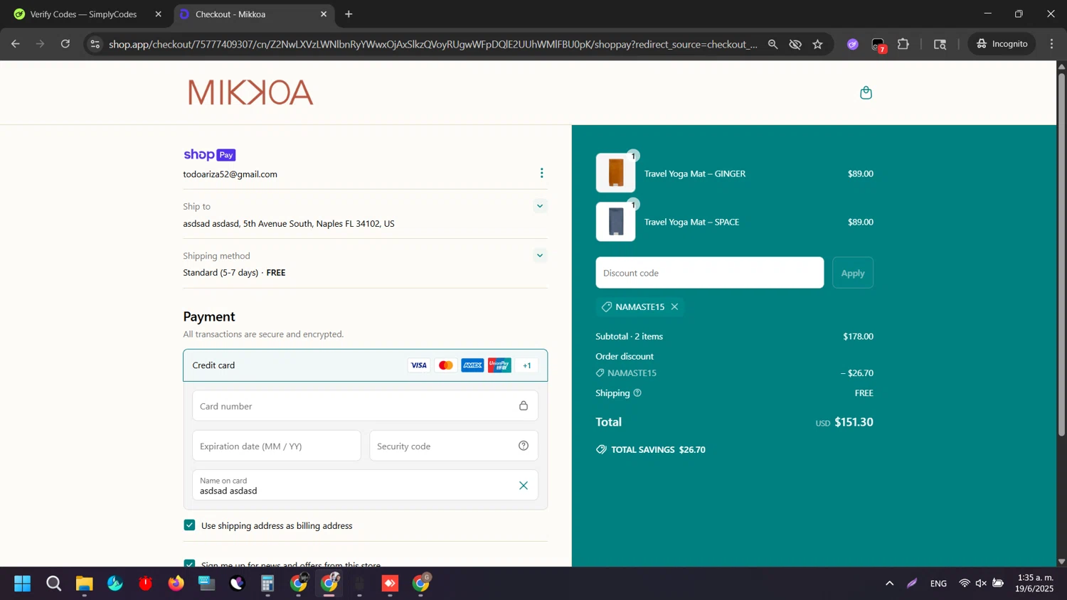 Mikkoa promo code screenshot showing code NAMASTE15 applied at Mikkoa checkout page. Uploaded by SimplyCodes community member SilverAdmiral2559 on Jun 19, 2025