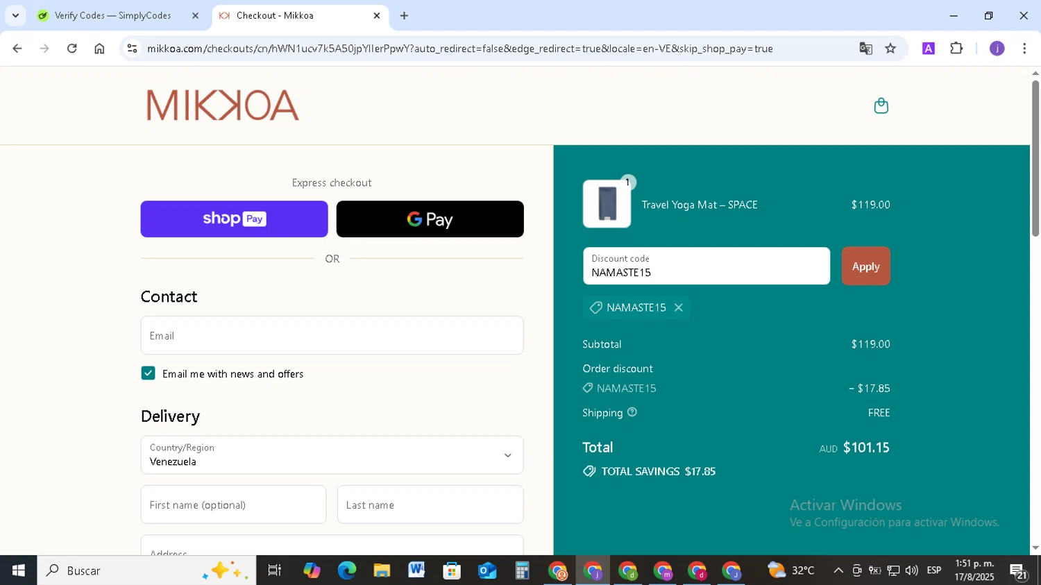 Mikkoa promo code screenshot showing code NAMASTE15 applied at Mikkoa checkout page. Uploaded by SimplyCodes community member TAZ2024 on Aug 17, 2025
