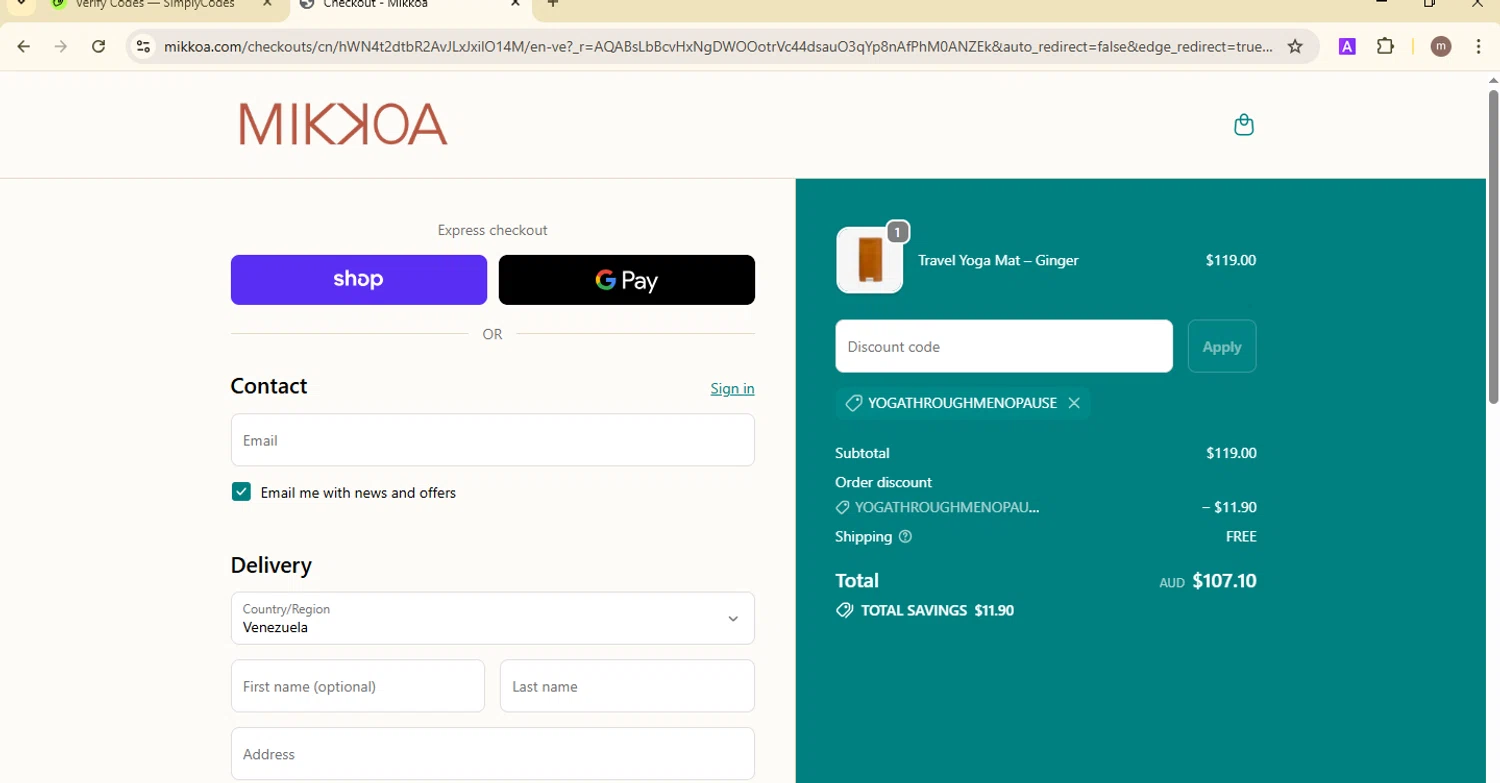 Mikkoa promo code screenshot showing code YOGATHROUGHMENOPAUSE applied at Mikkoa checkout page. Uploaded by SimplyCodes community member MightyMaven4946 on Nov 4, 2025
