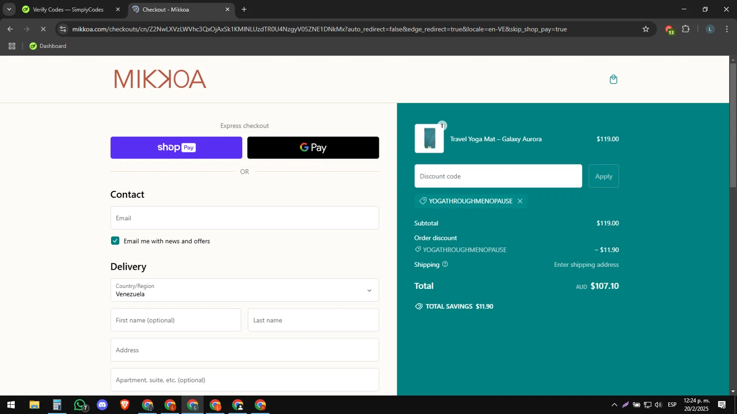 Mikkoa promo code screenshot showing code YOGATHROUGHMENOPAUSE applied at Mikkoa checkout page. Uploaded by SimplyCodes community member LegendaryCollector9893 on Feb 20, 2025