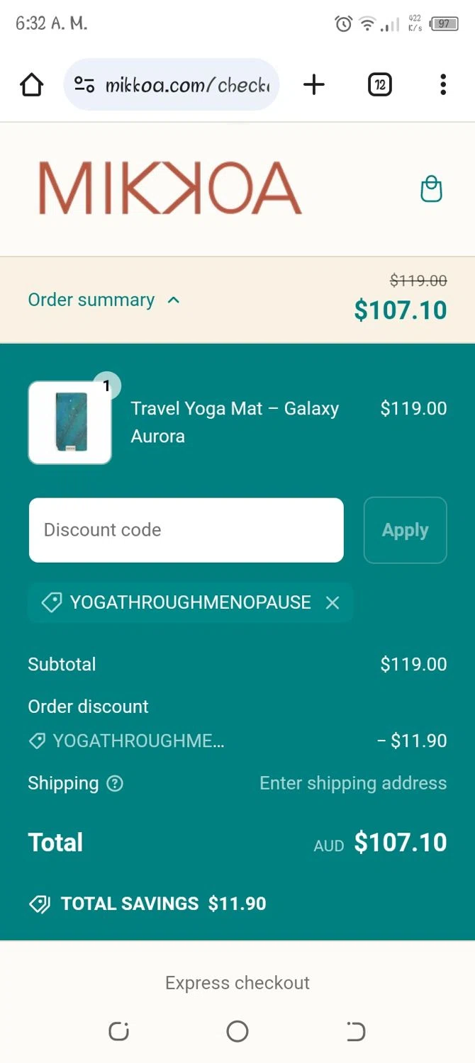 Mikkoa promo code screenshot showing code YOGATHROUGHMENOPAUSE applied at Mikkoa checkout page. Uploaded by SimplyCodes community member alexmarygomez on Mar 7, 2025