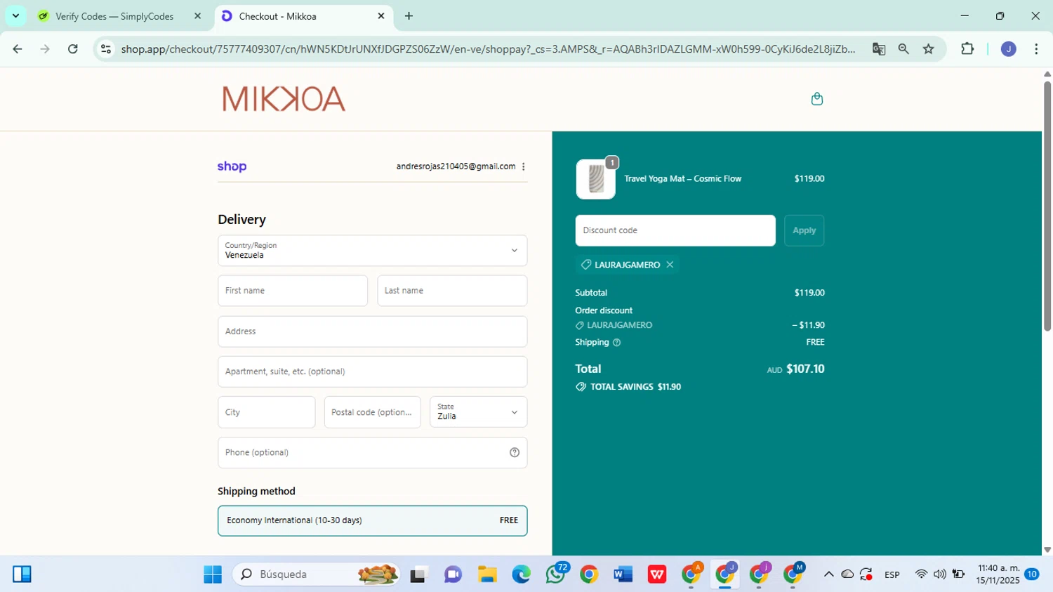 Mikkoa promo code screenshot showing code LAURAJGAMERO applied at Mikkoa checkout page. Uploaded by SimplyCodes community member DiscountSleuth6807 on Nov 15, 2025