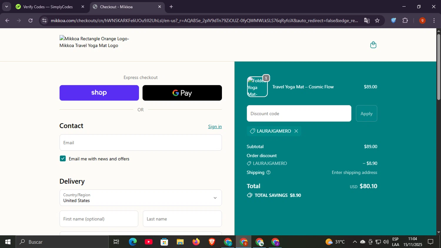 Mikkoa promo code screenshot showing code LAURAJGAMERO applied at Mikkoa checkout page. Uploaded by SimplyCodes community member Scottcawthon on Nov 15, 2025