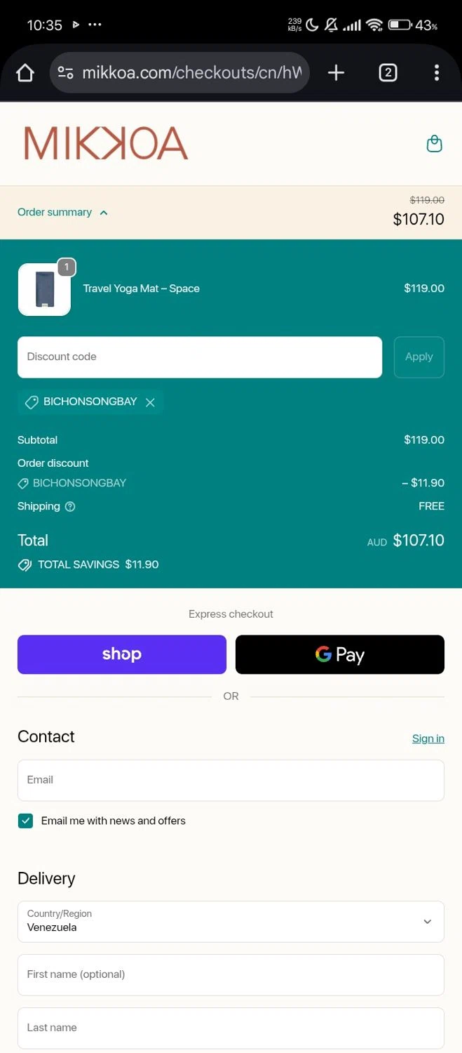 Mikkoa promo code screenshot showing code BICHONSONGBAY applied at Mikkoa checkout page. Uploaded by SimplyCodes community member Bjhfuhdf on Nov 15, 2025