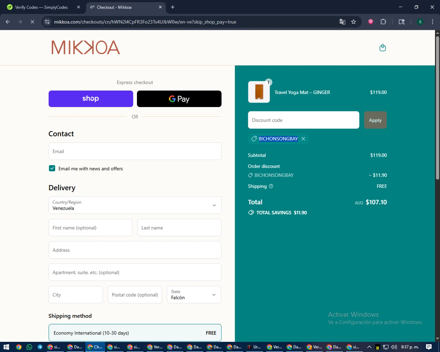 Mikkoa promo code screenshot showing code BICHONSONGBAY applied at Mikkoa checkout page. Uploaded by SimplyCodes community member lilMosey on Sep 9, 2025