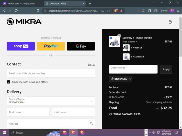Mikra checkout page showing Mikra discount code box | Screenshot taken by SimplyCodes community member on Mar 10, 2024
