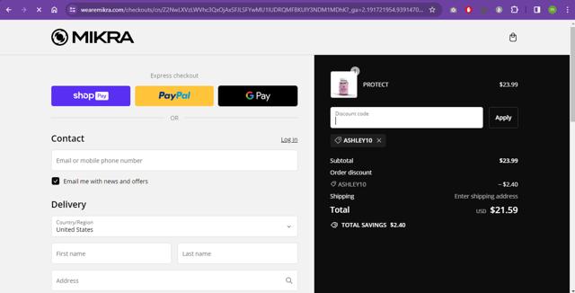 Mikra checkout page showing Mikra discount code box | Screenshot taken by SimplyCodes community member on Mar 10, 2024
