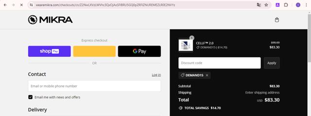 Mikra checkout page showing Mikra discount code box | Screenshot taken by SimplyCodes community member on May 20, 2024